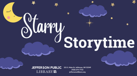 Image of a starry sky with clouds. Text reads, "Starry Storytime". 