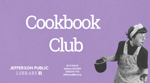 Image of woman holding a tea pot with a surprised look on her face. Text reads, "Cookbook Club".