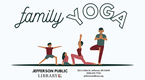 Text that reads "Family Yoga" with image of two children and two adults doing yoga poses. 