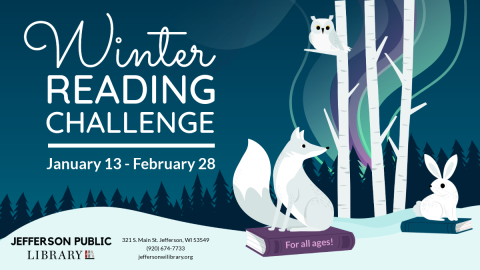 Image of text that reads, "Winter Reading Challenge" with a fox and rabbit on books.