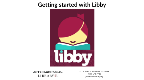 Person with cranberry red hair in a ponytail looking at an open book. The book has a turquoise cover. The word "libby" is under the book.