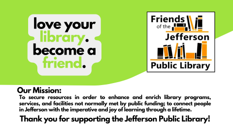 Lime green background with the words love your library become a friend. On the right side, there is a shelf of books.