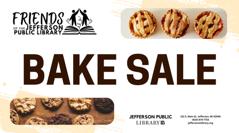 Image of text that reads "Bake Sale" with one image above it of pies and one image below of cookies. 