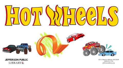 Image of text that reads "Hot Wheels" with images of hot wheels cars.  