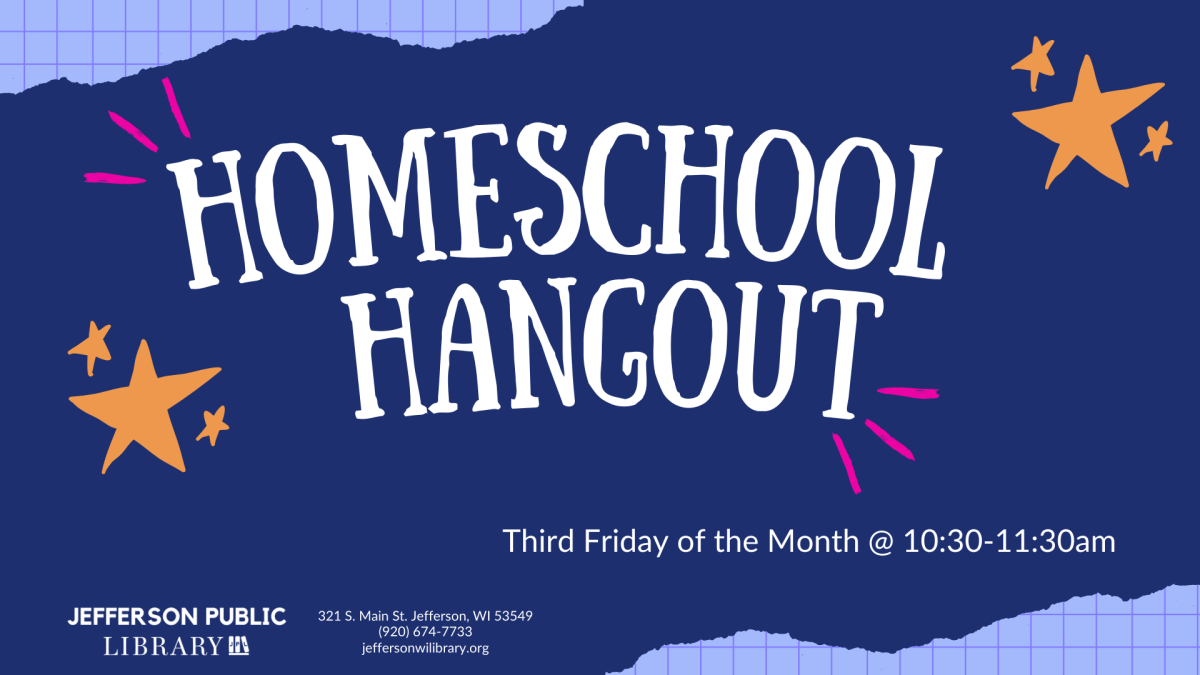 Image reads "Homeschool Hangout. Third Friday of the Month from 10:30-11:30pm".