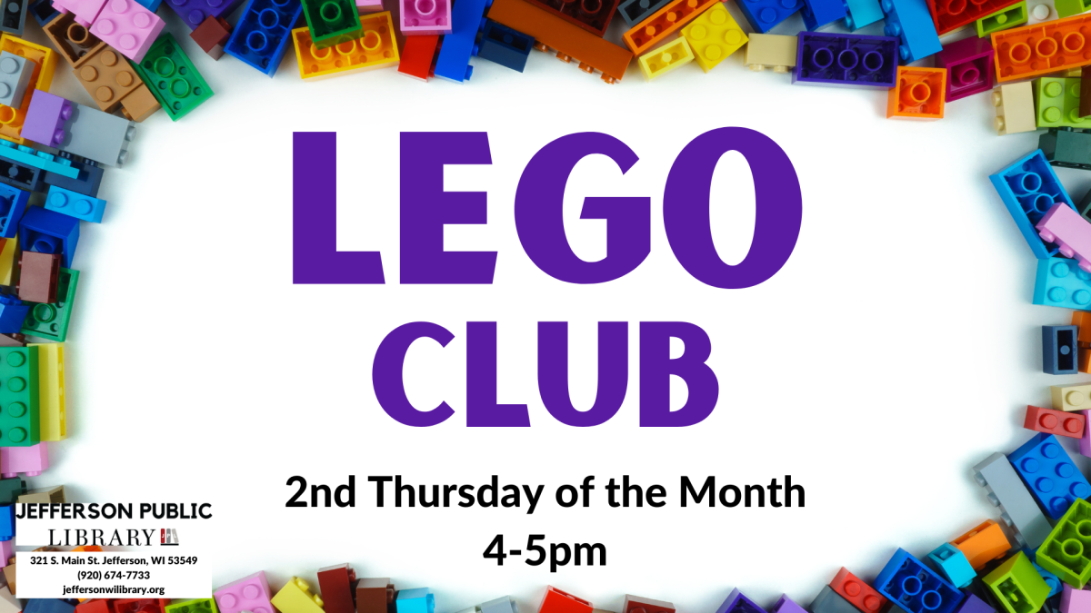 Legos surrounding the text "LEGO Club. 2nd Thursday of the month. 4-5pm."