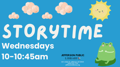 Storytime. Wednesdays from 10-10:45am. Picture of clouds, sun and smiling frog on lilypad. 