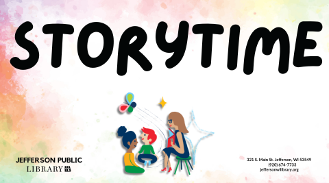Image of woman reading to children with text above that reads, "Storytime". 