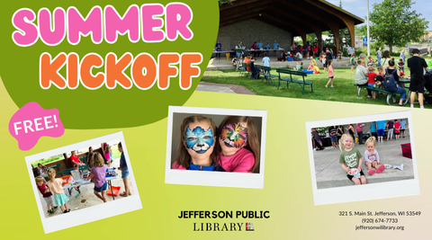 Image of Rotary Park in Jefferson with people. Text reads, "Summer Kickoff". 
