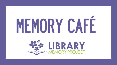 White and purple background with text that reads, "Memory Café". 